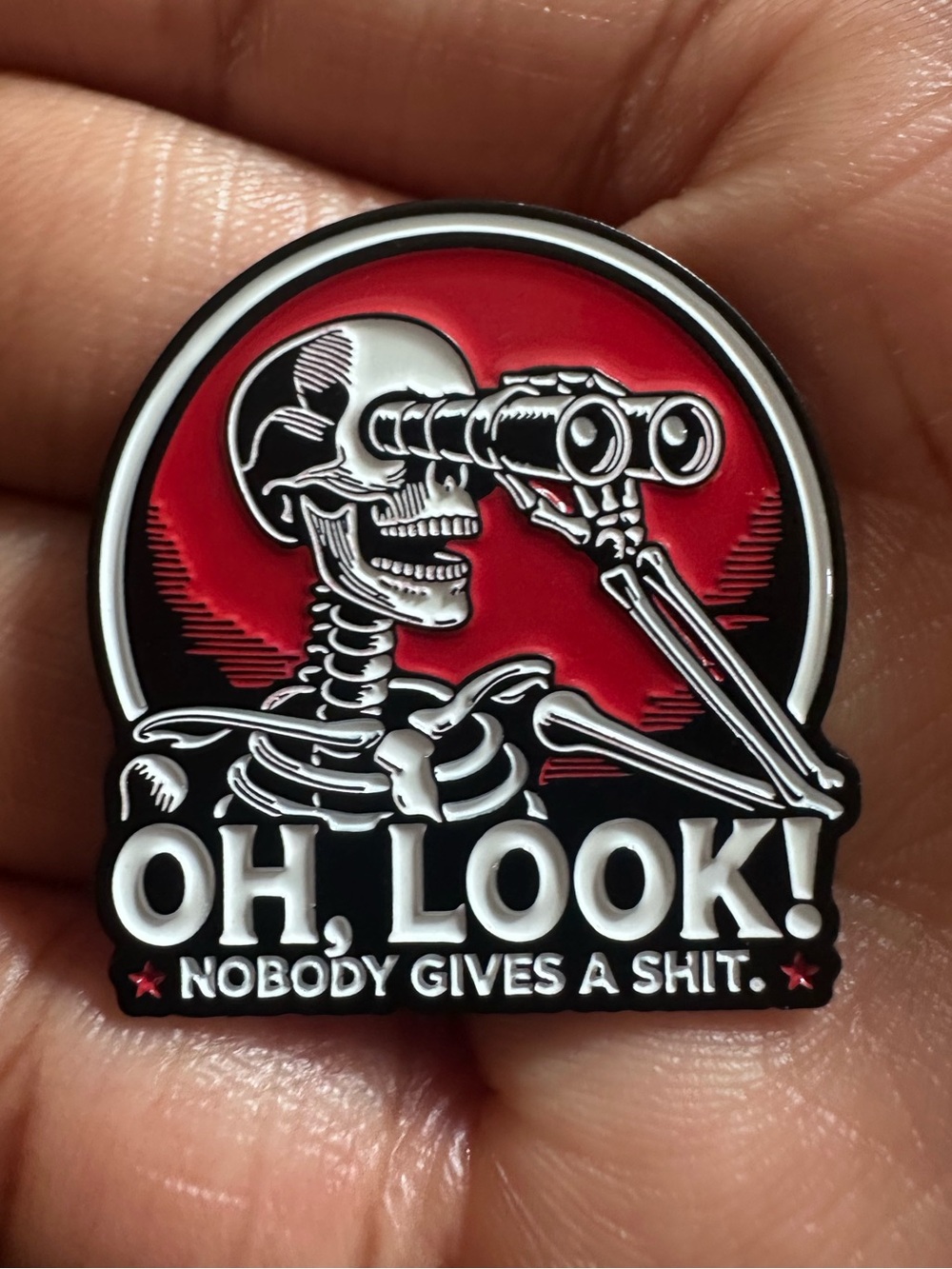Oh Look! Nobody Gives A Shit Skeleton Enamel Pin